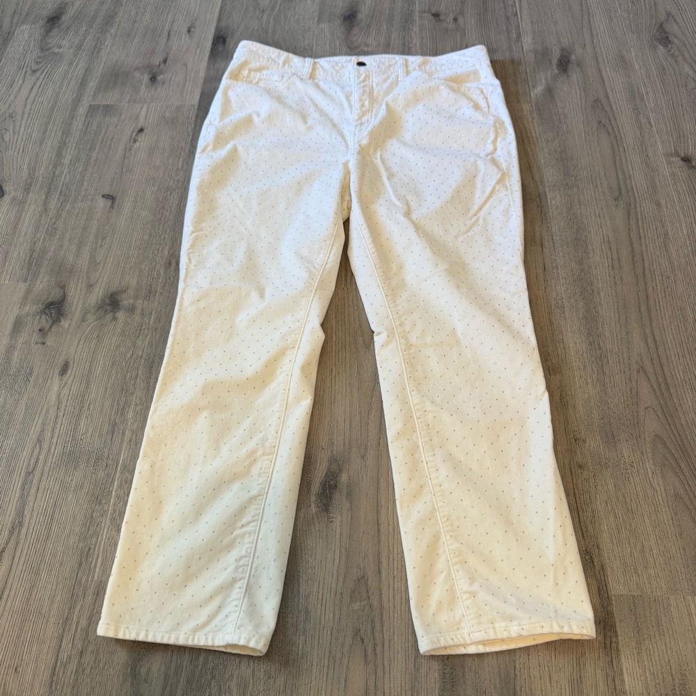 Talbots White and Gold Polka Dot Velveteen Straight Leg Pants Size 14 Petite